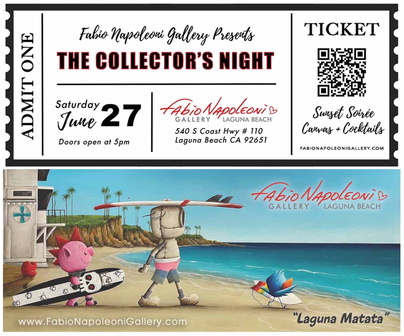 Invitation for 'The Collector's Night' event at Fabio Napoleoni Gallery with beach scene and Fabio characters.